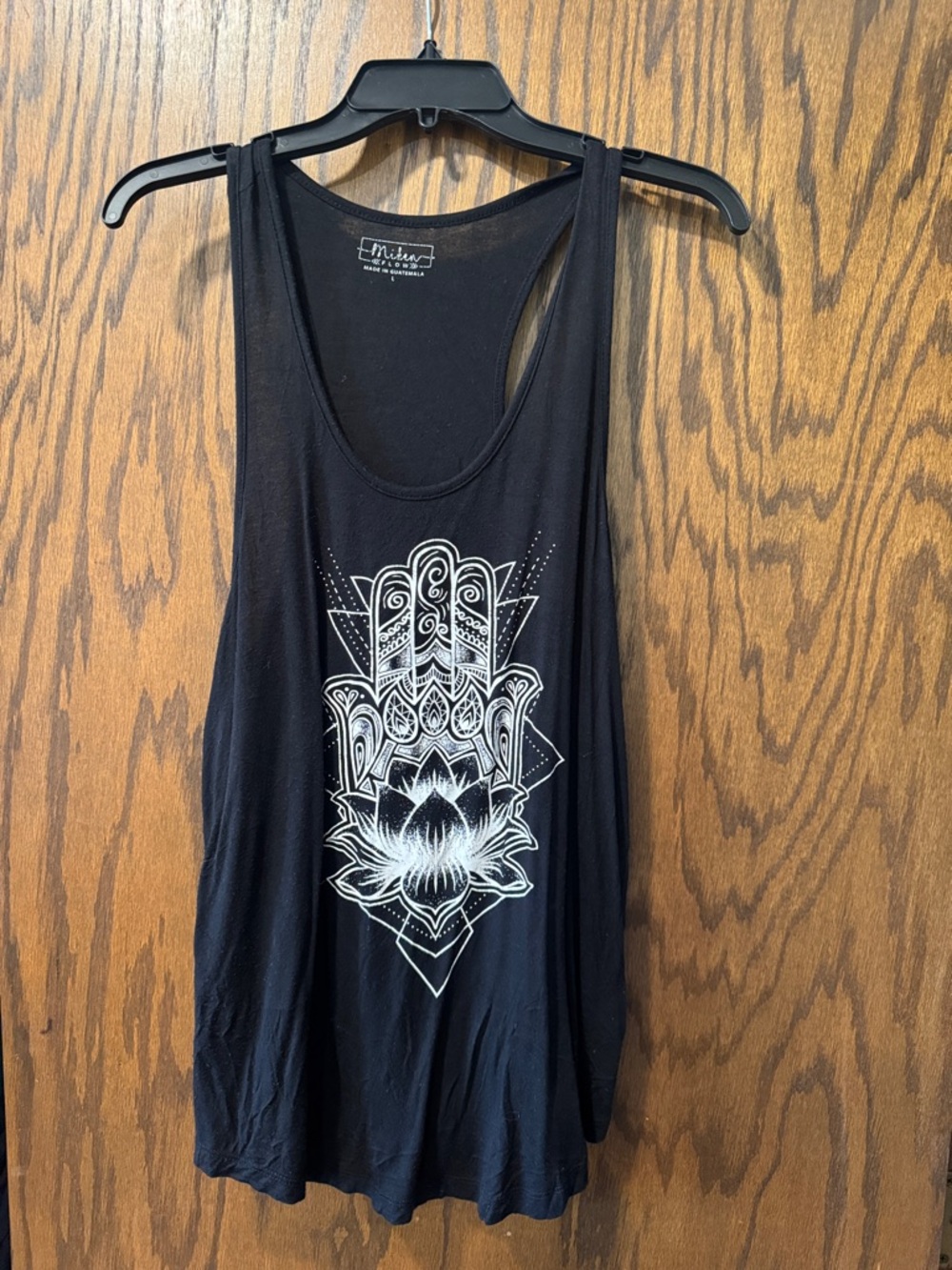 Miken Black Racerback Tank with White Hamsa & Lotus Print